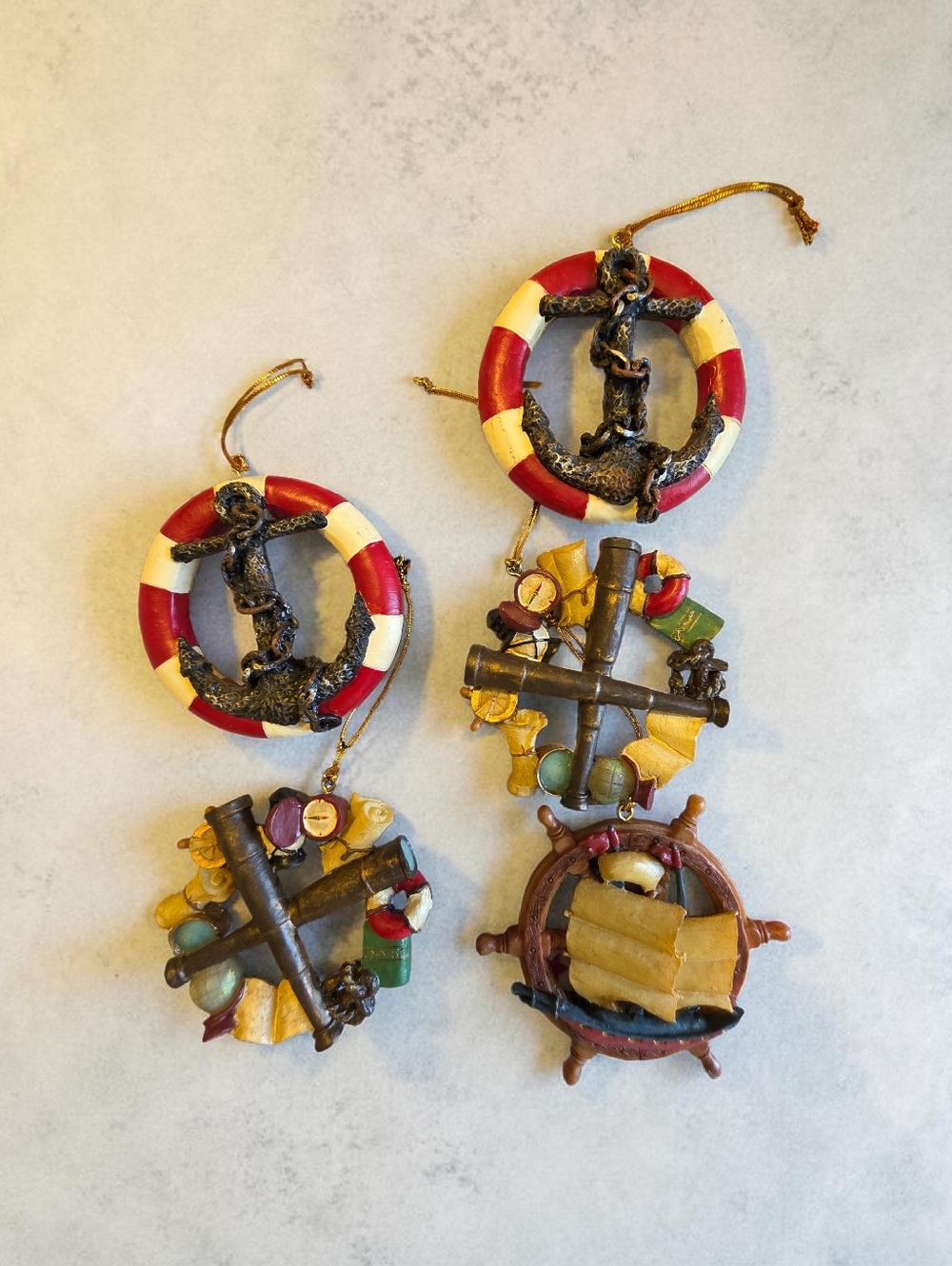 Nautical Anchors & Ship Wheel Ornaments - Red, White, Gold Accents